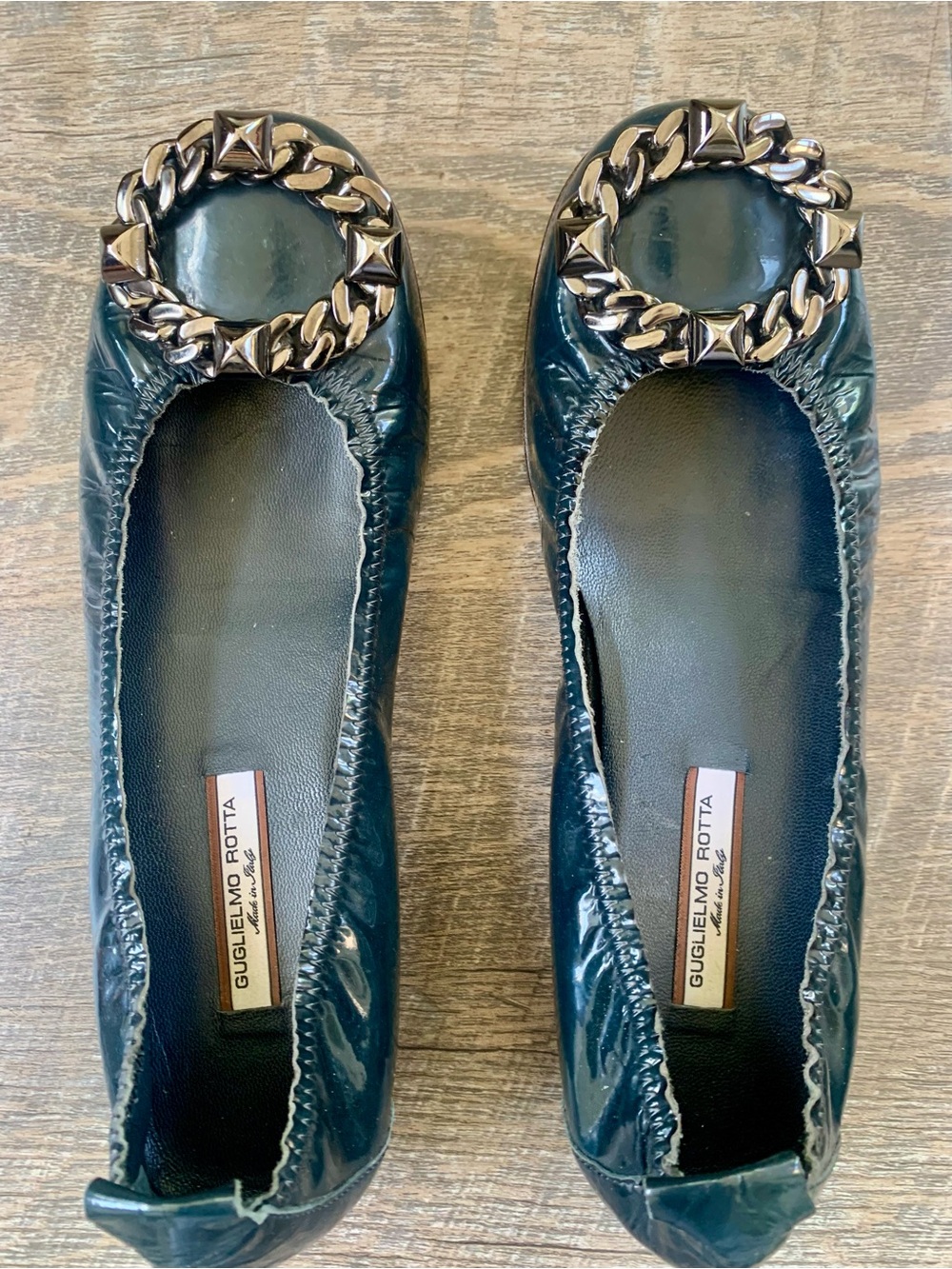 Teal Patent Leather Ballet Flats with Chain Buckle